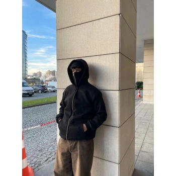 Samuray Ninja Çift Kapşonlu ZIP Fermuarlı Kanguru Çepli Tam Fermuarlı Hoodie Swetshirt - Siyah