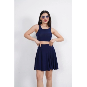 Sendy Kumaş Bisiklet Yaka Crop Şortlu Etek ikili Takım - Lacivert