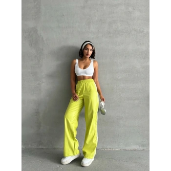 Şeritli deri pantolon yeşil h26430