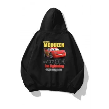 Sevgililer Günü Araba Baskılı Oversize Kapüşonlu Sweatshirt Hoodie - Siyah
