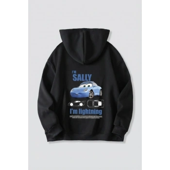 Sevgililer Günü Araba Temalı Baskılı Oversize Kapüşonlu Sweatshirt Hoodie - Siyah