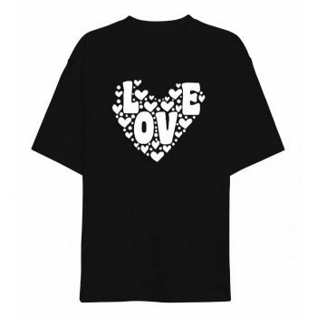 Sevgililer Günü İçin Özel Tasarım Love Kalp Baskılı T-shirt - Siyah