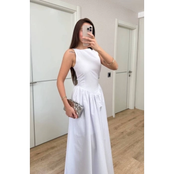 Sifir Kol Beli Oturtmalı Kolsuz Uzun Elbise - Beyaz