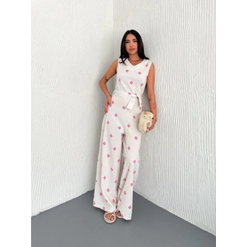 Sırt dekolteli keten beyaz tulum S1036