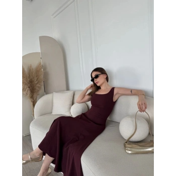 Sırt Dekolteli Kolsuz Uzun Elbise - Mürdüm