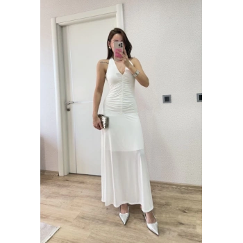 Sırt dekolteli Uzun Elbise - Beyaz