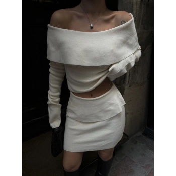 Straplez , Madonna , Carmen Yaka Croplu Mini Etekli ikili Takım Triko - Beyaz