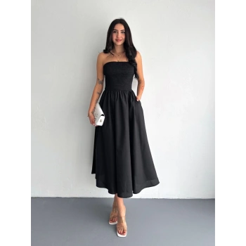 Kadın Straplez Pileli Elbise - Siyah