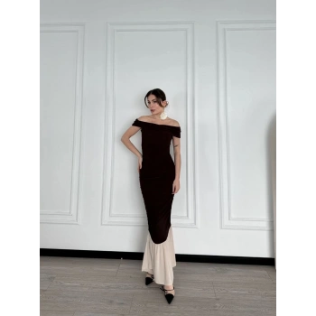 Striptiz Omuzlu Uzun Elbise- Kahve