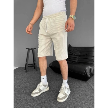 Su Yolu Çizgili Ön Arka Cepli Şort Yazlık Nefes Alabilir - Bej