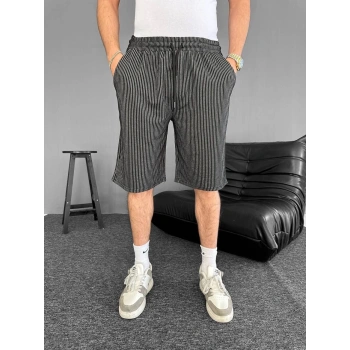 Su Yolu Çizgili Ön Arka Cepli Şort Yazlık Nefes Alabilir - Siyah