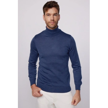 Erkek Tam Boğazlı Balıkçı Yaka Kazak Uzun Kol Düz Dokuma Triko - İndigo