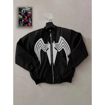 Venom Örümcek Desenli Erkek Mont – Siyah Bomber Ceket, Fermuarlı, Kol Fermuarlı Cep Detaylı, Günlük ve Sokak Modası İçin Uygun - Siyah