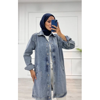Taşlı tunik ceket kar yıkama orta mavi d2516