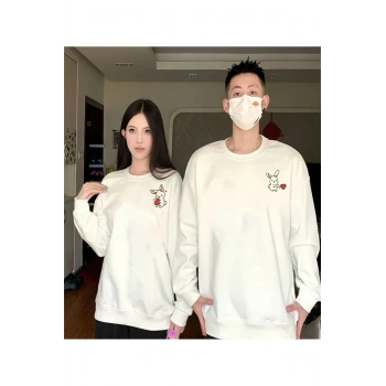 Tavşan Baskılı Sevgili Çift Kombini Kapüşonlu Sweatshirt & Hodie - Beyaz