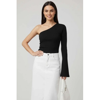 Tek Omuzlu Basic Bluz Siyah T4275