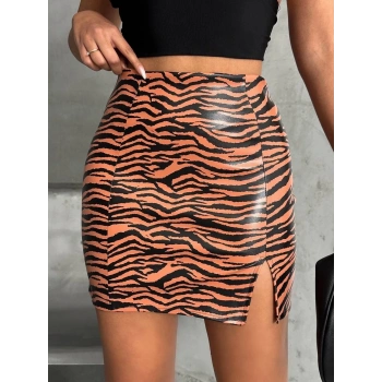 Tek yırtmaçlı zebra desenli deri etek kahvesiyah w24475-S