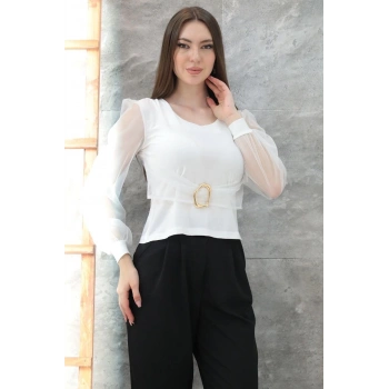 Tokalı tül kollu bluz beyaz t4071