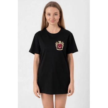 Türk Arma Baskılı Oversize Bisiklet Yaka Günlük T-shirt - Siyah