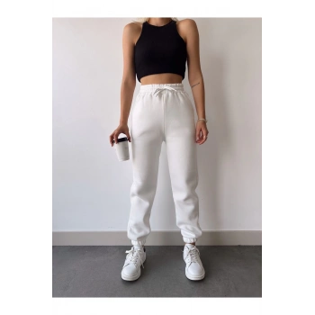 Üç İplik Basic Lastikli Eşofman Pantolon - Beyaz