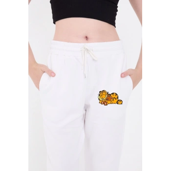 Kadın Üç İplik Pamuklu  Baskılı Paçası Lastikli Cepli Eşofman Pantolon - Beyaz