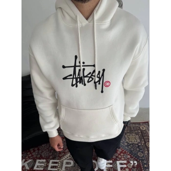 Üç İplik Kapşonlu Baskılı SweatShirt - Beyaz