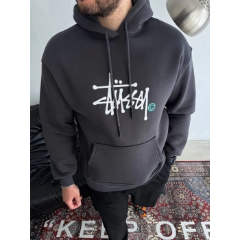 Üç İplik Kapşonlu Baskılı SweatShirt - Füme