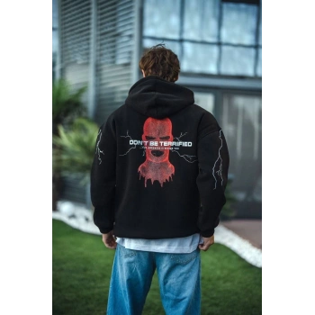 Üç İplik Kapüşonlu Baskılı Oversize SweatShirt- Siyah