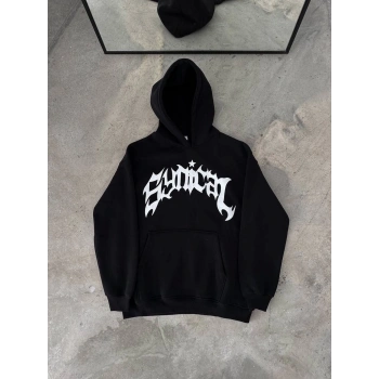 Üç İplik Kapüşonlu Baskılı Oversize SweatShirt- Siyah