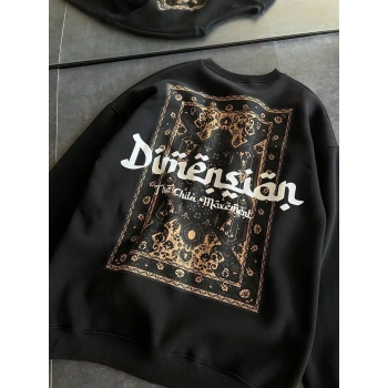 Kadın 3 İplik Pamuklu Bisiklet Yaka Baskılı SweatShirt - Siyah