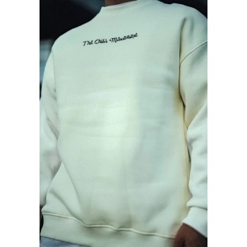 Üç İplik Pamuklu Bisiklet Yaka Oversize Baskılı SweatShirt - Beyaz