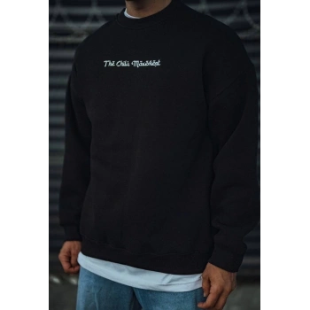 Üç İplik Pamuklu  Bisiklet Yaka Oversize Baskılı SweatShirt - Siyah