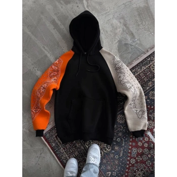 Üç İplik Penye Kapşonlu Parçalı SweatShirt - Siyah