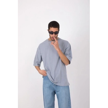 Unisex Basic Bisiklet Yaka Oversize T-Shirt - Gri