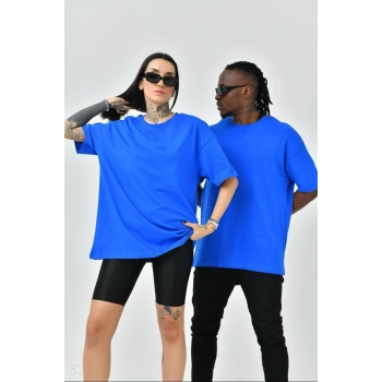 Unisex Basic Bisiklet Yaka Oversize T-Shirt - Mavi