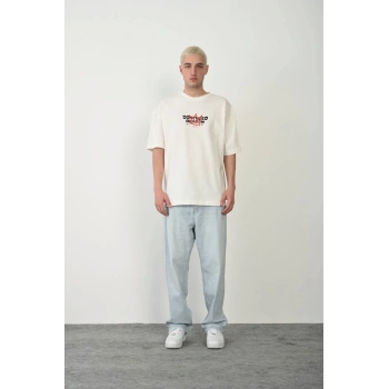 Unisex Baskılı Bisiklet Yaka Oversize T-Shirt - Beyaz