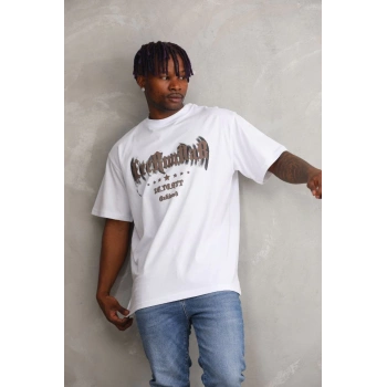 Unisex Baskılı Oversize T-Shirt - Beyaz