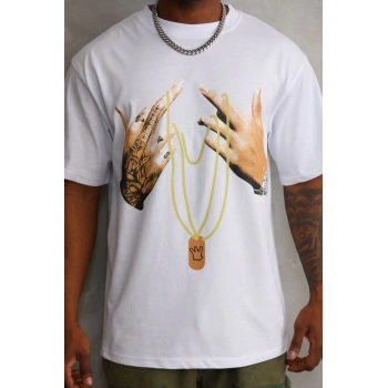 Unisex Baskılı Oversize T-Shirt - Beyaz