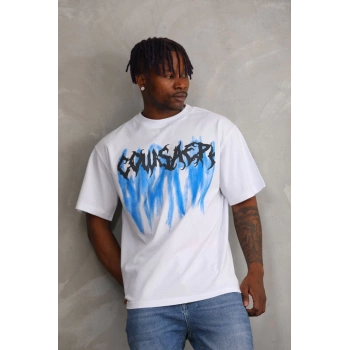 Unisex Baskılı Oversize T-Shirt - Beyaz