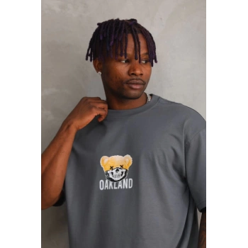 Unisex Baskılı Oversize T-Shirt - Füme