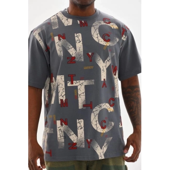 Unisex Baskılı Oversize T-Shirt - Füme