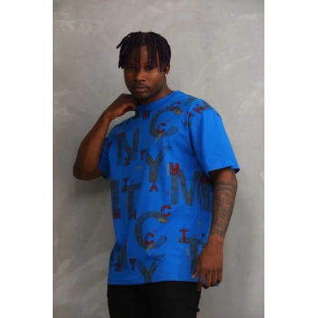 Unisex Baskılı Oversize T-Shirt - Mavi