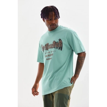 Erkek Baskılı T-Shirt Kısa Kol Bisiklet Yaka Rahat Kalıp Tişört - Mint Yeşili