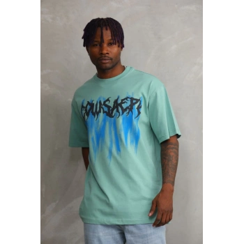 Erkek Baskılı T-Shirt Kısa Kol Bisiklet Yaka Rahat Kalıp Tişört - Mint Yeşili