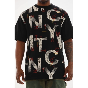 Unisex Baskılı Oversize T-Shirt - Siyah