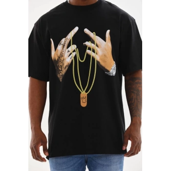 Unisex Baskılı Oversize T-Shirt - Siyah