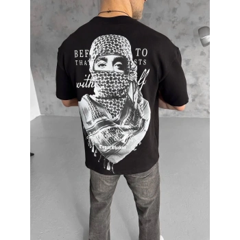 Unisex Baskılı Oversize T-Shirt - Siyah