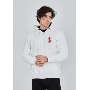 Unisex Baskılı Tam Fermuarlı Kapşonlu SweatShirt - Beyaz