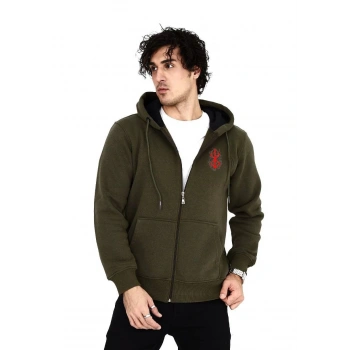 Unisex Baskılı Tam Fermuarlı Kapşonlu SweatShirt - Haki