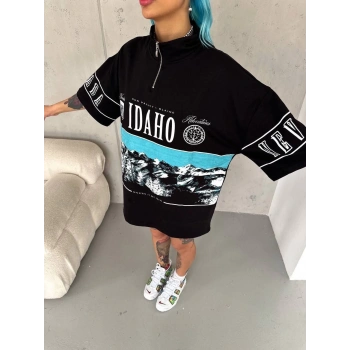 Unisex Baskılı Yarım Fermuarlı T-Shirt - Siyah